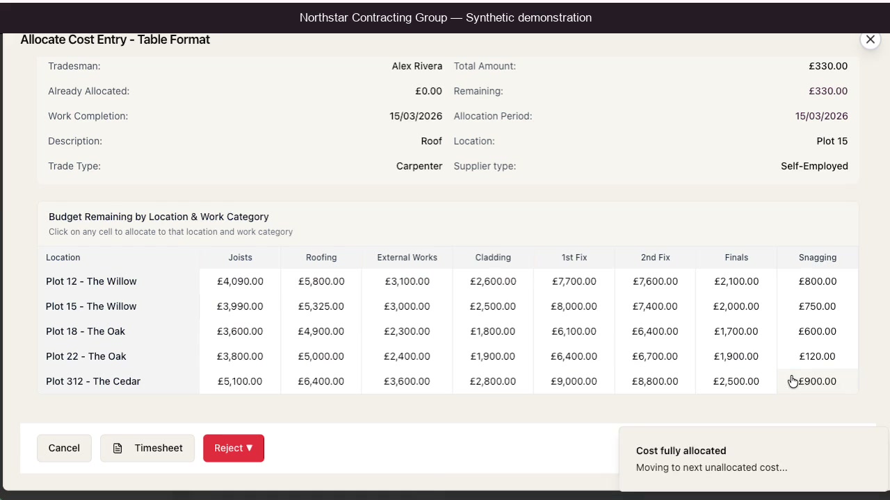 BudgetFlow shown with synthetic demonstration data.