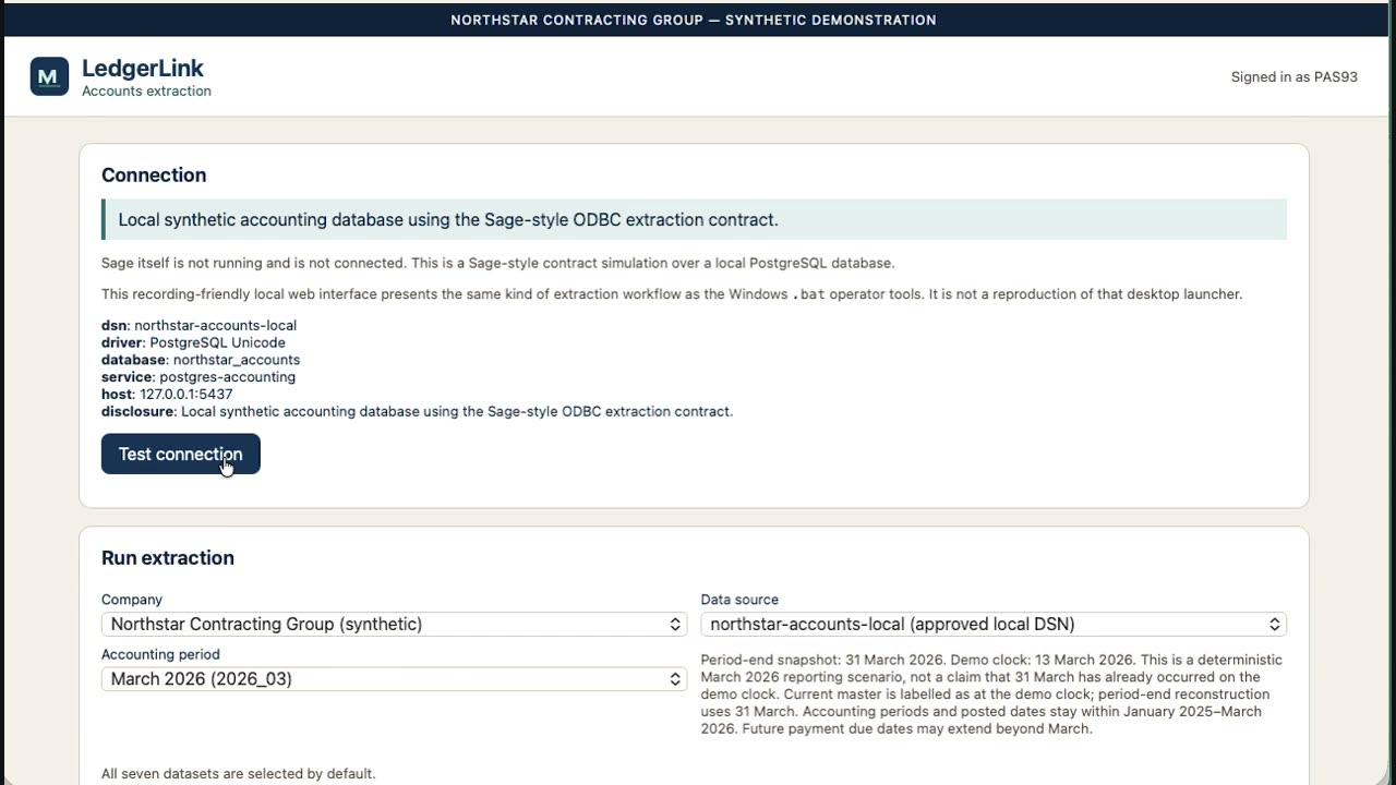 LedgerLink shown with synthetic demonstration data.